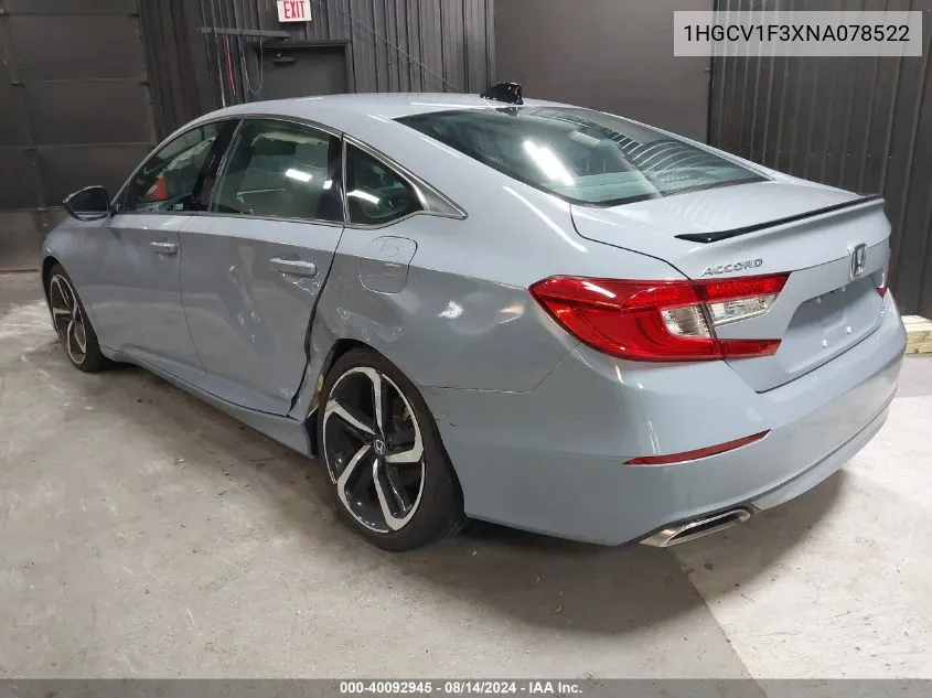 2022 Honda Accord Sport VIN: 1HGCV1F3XNA078522 Lot: 40092945