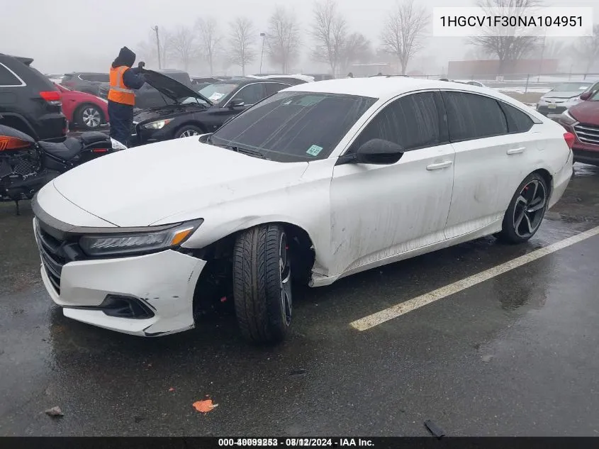 2022 Honda Accord Sport VIN: 1HGCV1F30NA104951 Lot: 40099253