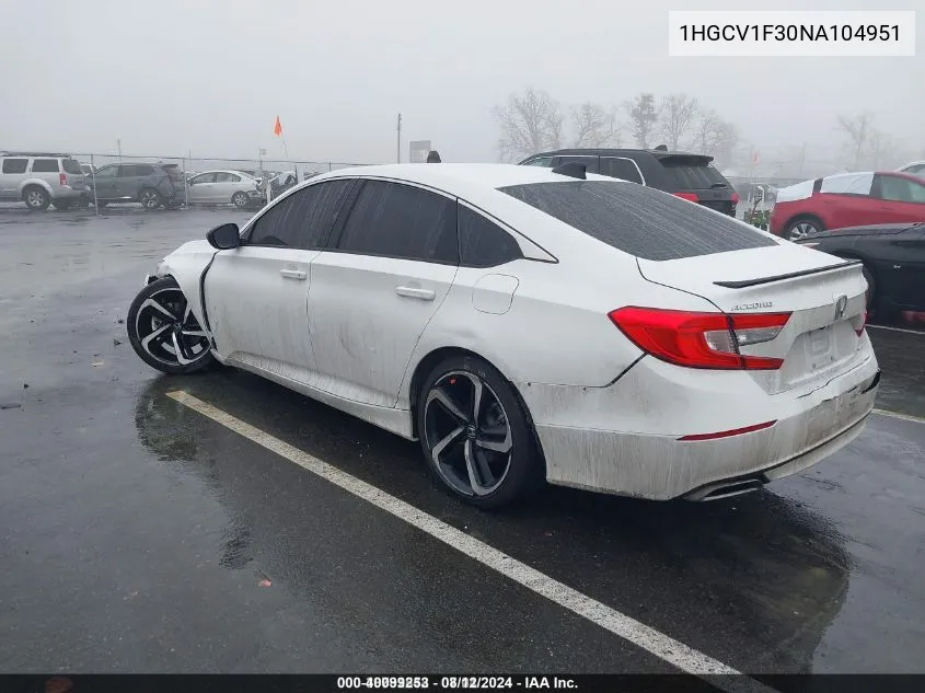 2022 Honda Accord Sport VIN: 1HGCV1F30NA104951 Lot: 40099253