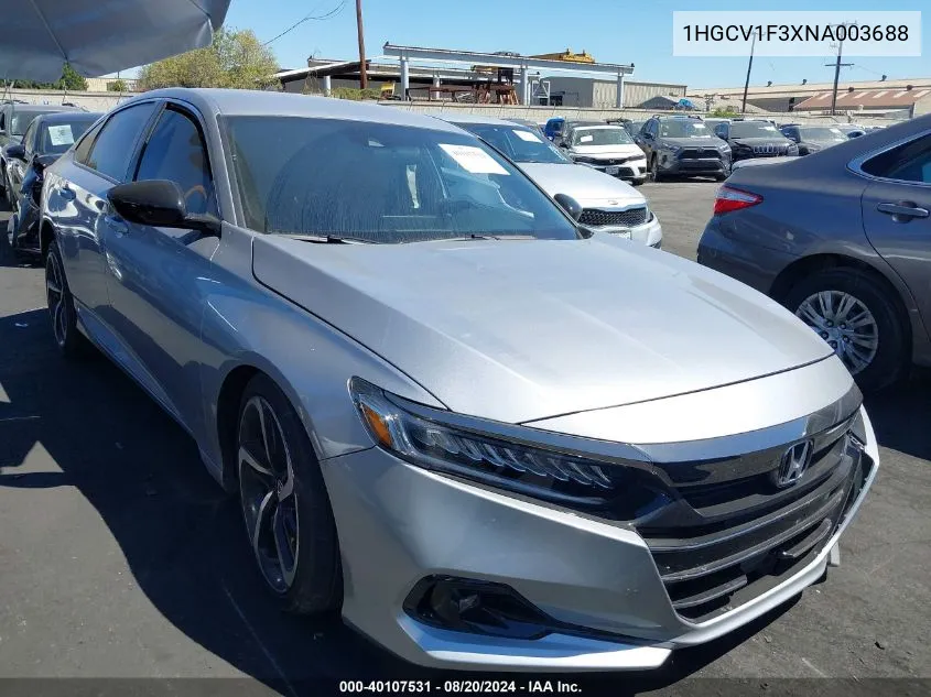 2022 Honda Accord Sport VIN: 1HGCV1F3XNA003688 Lot: 40107531