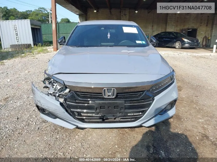 2022 Honda Accord Sport VIN: 1HGCV1F31NA047708 Lot: 40142889