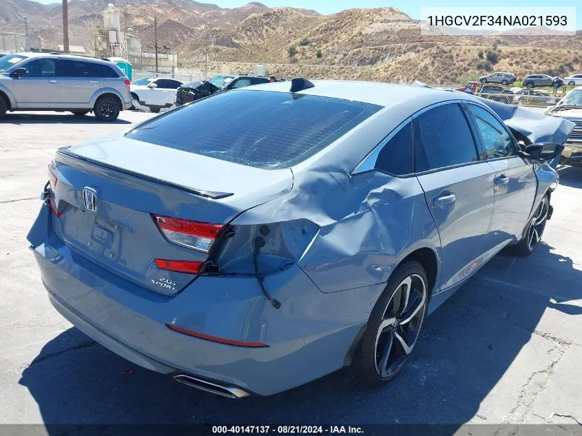 2022 Honda Accord Sport 2.0T VIN: 1HGCV2F34NA021593 Lot: 40147137