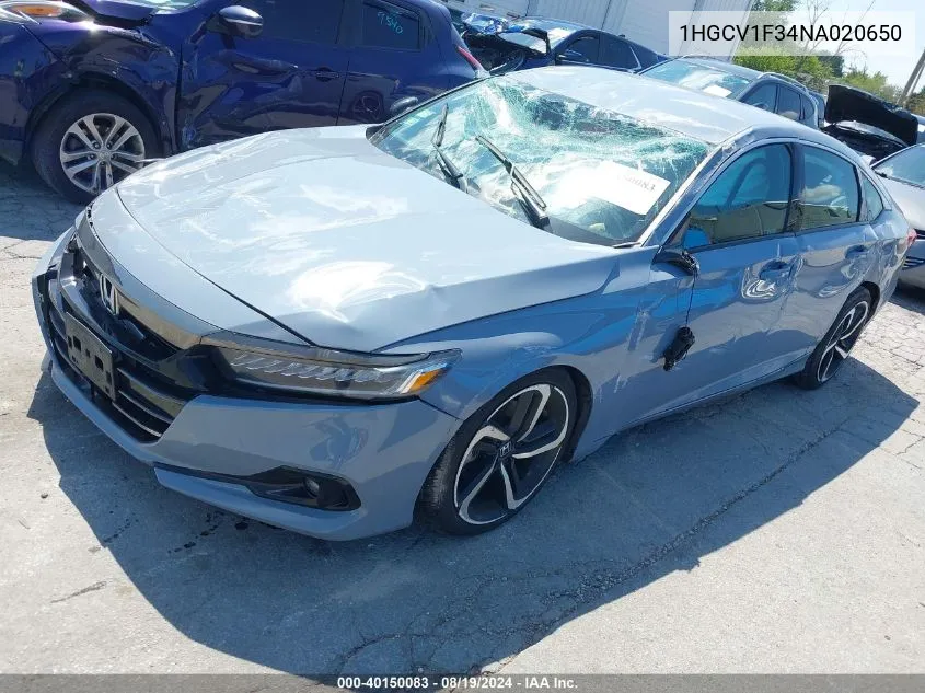 2022 Honda Accord Sport VIN: 1HGCV1F34NA020650 Lot: 40150083