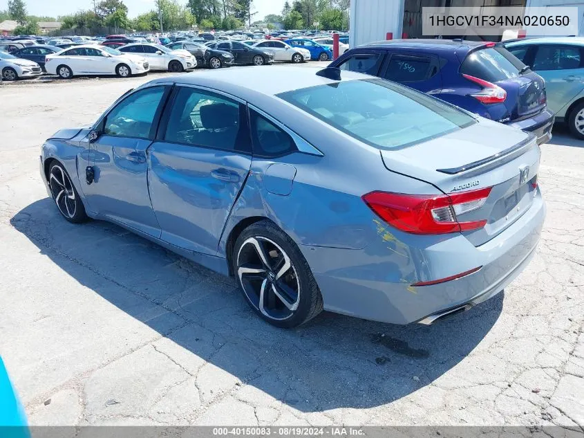 2022 Honda Accord Sport VIN: 1HGCV1F34NA020650 Lot: 40150083