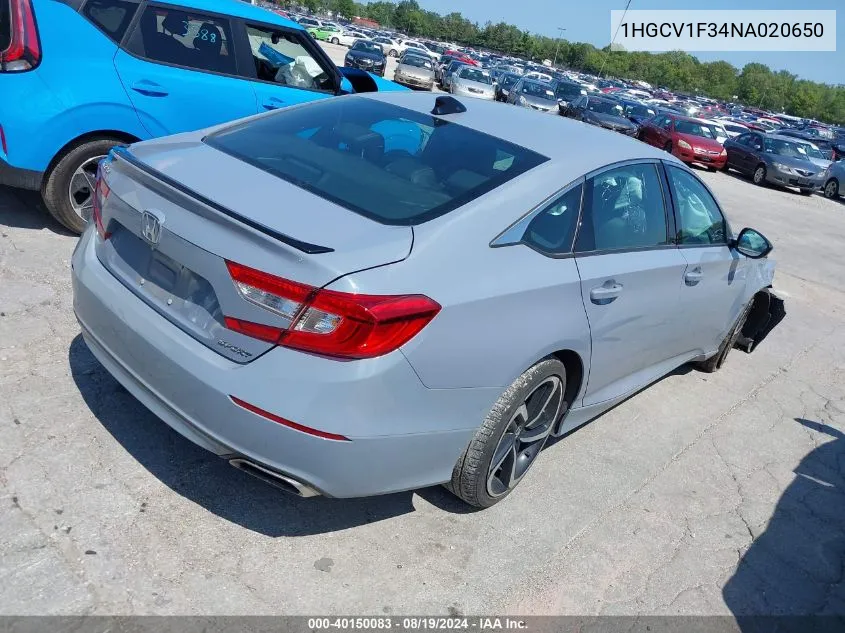 2022 Honda Accord Sport VIN: 1HGCV1F34NA020650 Lot: 40150083