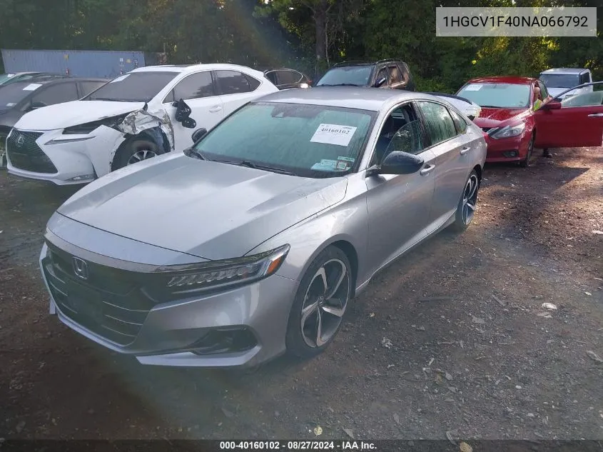 2022 Honda Accord Sport Special Edition VIN: 1HGCV1F40NA066792 Lot: 40160102