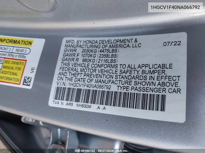 2022 Honda Accord Sport Special Edition VIN: 1HGCV1F40NA066792 Lot: 40160102