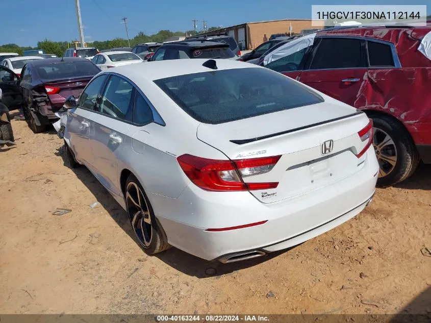 2022 Honda Accord Sport VIN: 1HGCV1F30NA112144 Lot: 40163244