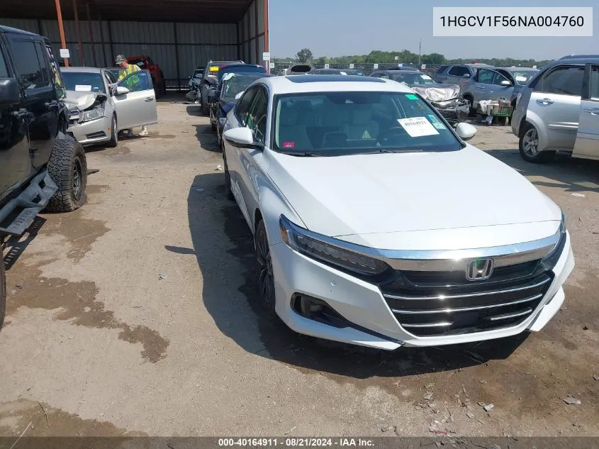 2022 Honda Accord Exl VIN: 1HGCV1F56NA004760 Lot: 40164911