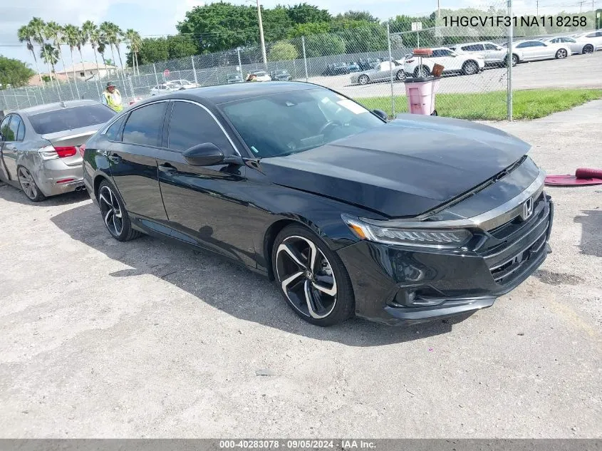 1HGCV1F31NA118258 2022 Honda Accord Sport