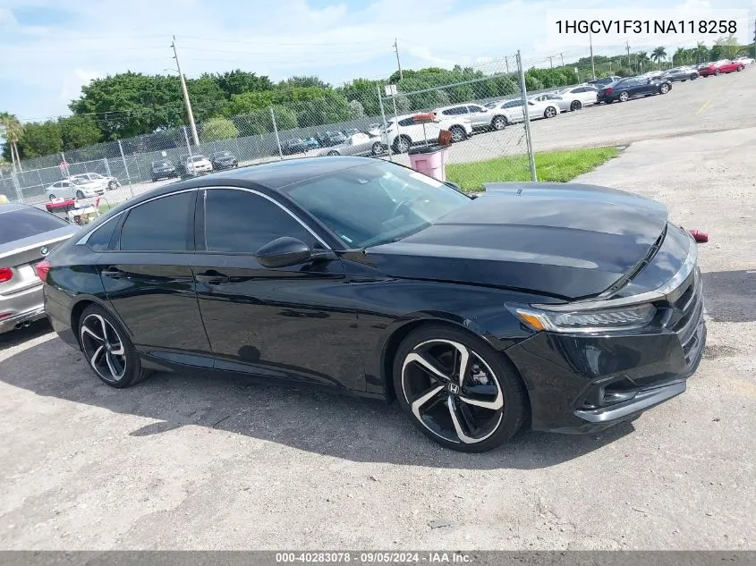 2022 Honda Accord Sport VIN: 1HGCV1F31NA118258 Lot: 40283078