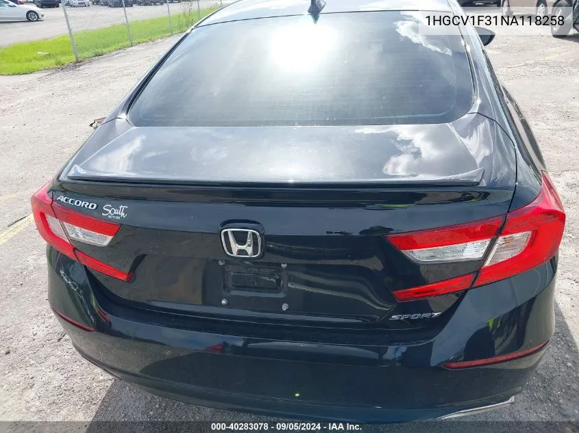 2022 Honda Accord Sport VIN: 1HGCV1F31NA118258 Lot: 40283078