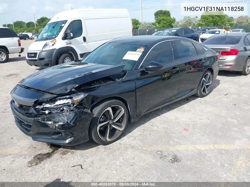 1HGCV1F31NA118258 2022 Honda Accord Sport