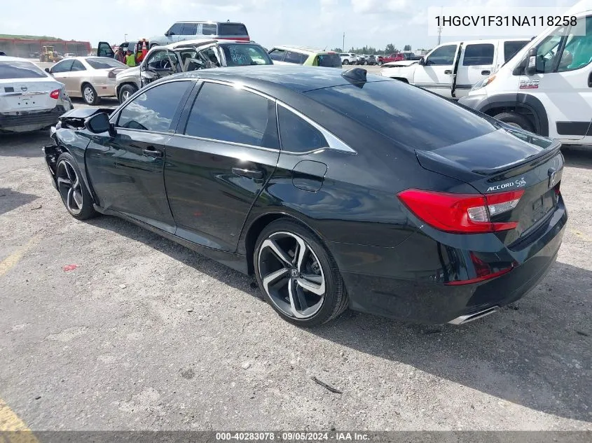 2022 Honda Accord Sport VIN: 1HGCV1F31NA118258 Lot: 40283078