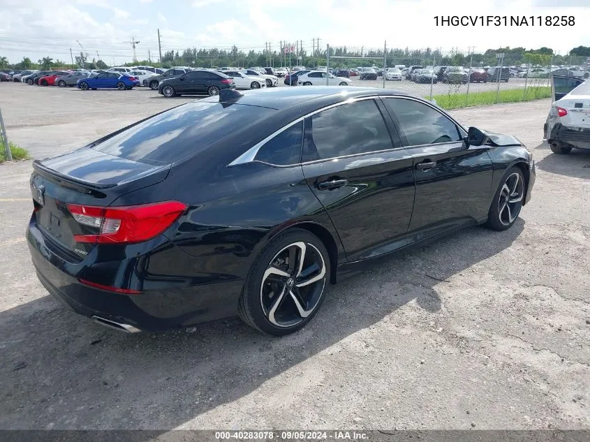 2022 Honda Accord Sport VIN: 1HGCV1F31NA118258 Lot: 40283078