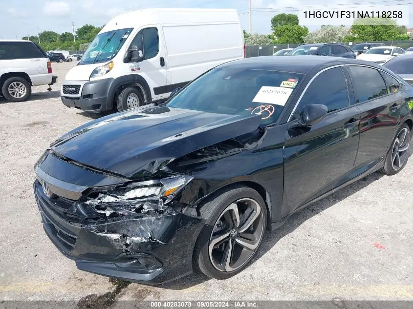 1HGCV1F31NA118258 2022 Honda Accord Sport