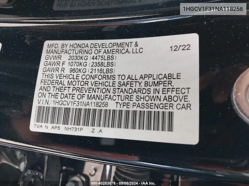 2022 Honda Accord Sport VIN: 1HGCV1F31NA118258 Lot: 40283078