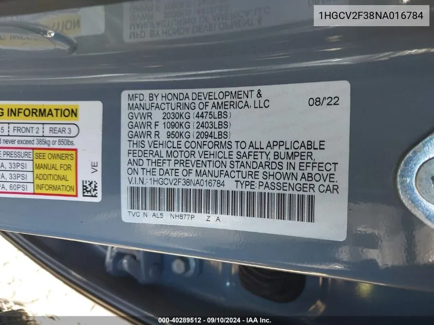 1HGCV2F38NA016784 2022 Honda Accord Sport