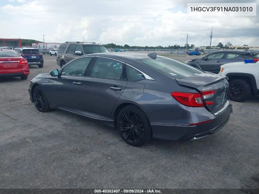 2022 Honda Accord Hybrid Touring VIN: 1HGCV3F91NA031010 Lot: 40302407