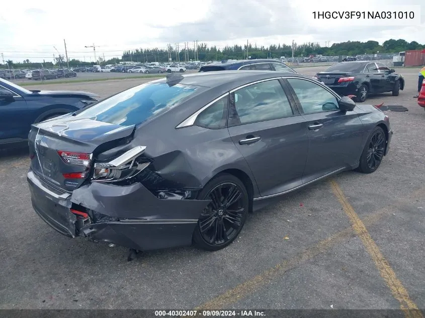 2022 Honda Accord Hybrid Touring VIN: 1HGCV3F91NA031010 Lot: 40302407