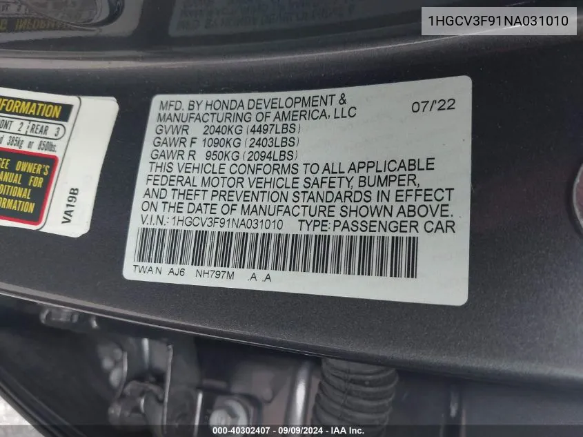 2022 Honda Accord Hybrid Touring VIN: 1HGCV3F91NA031010 Lot: 40302407