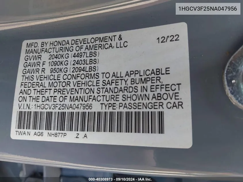 2022 Honda Accord Hybrid Sport VIN: 1HGCV3F25NA047956 Lot: 40308973