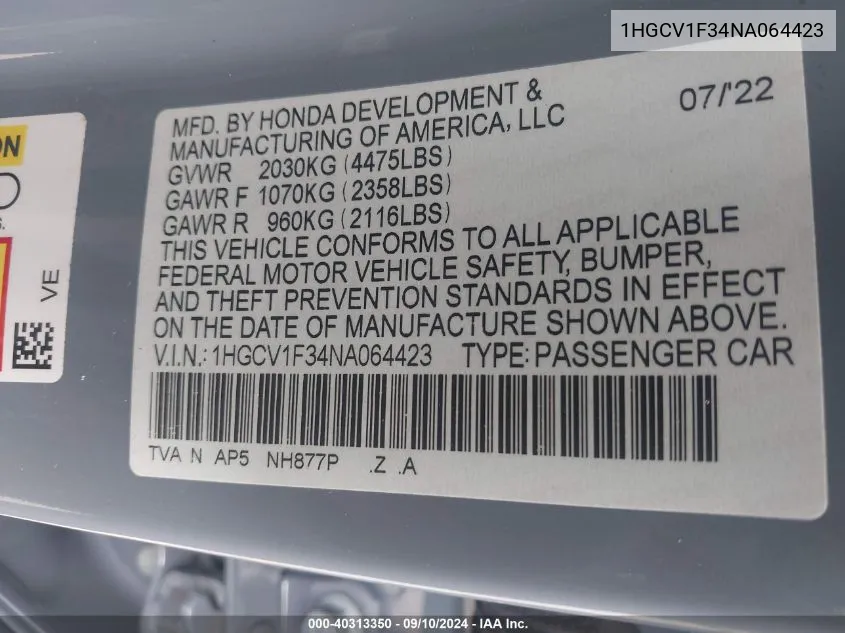 1HGCV1F34NA064423 2022 Honda Accord Sport