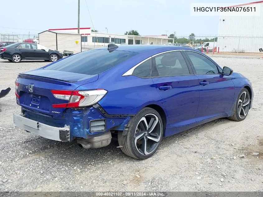 2022 Honda Accord Sport VIN: 1HGCV1F36NA076511 Lot: 40321107