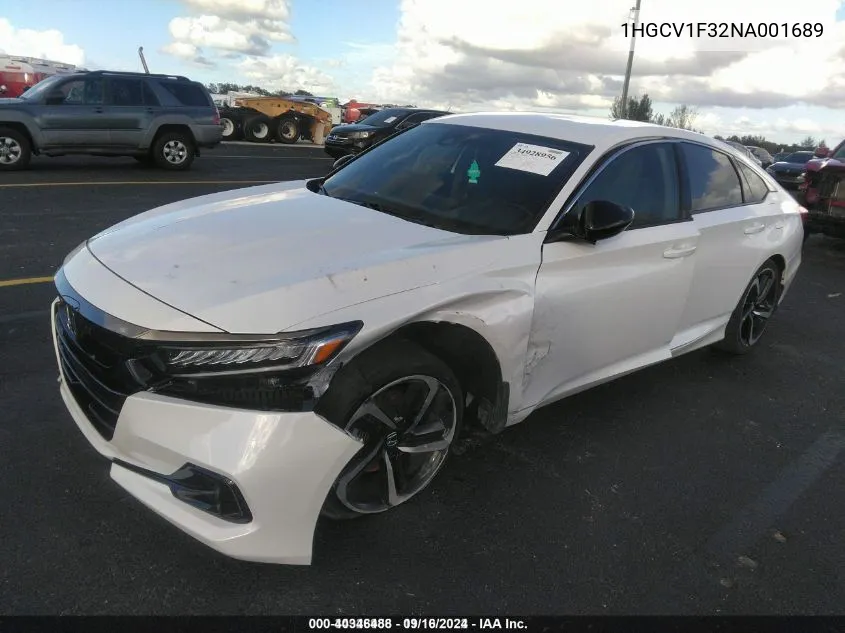 2022 Honda Accord Sport VIN: 1HGCV1F32NA001689 Lot: 40346488