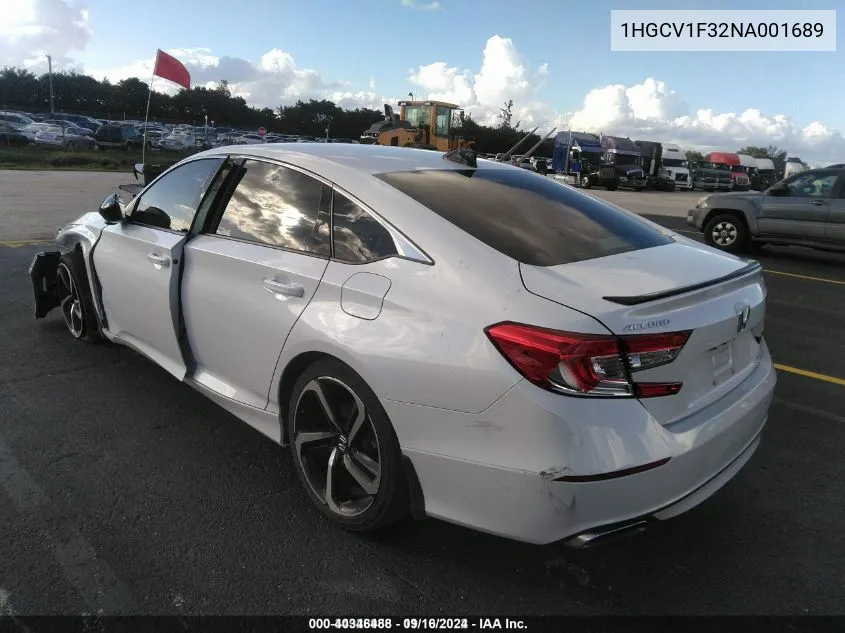 2022 Honda Accord Sport VIN: 1HGCV1F32NA001689 Lot: 40346488