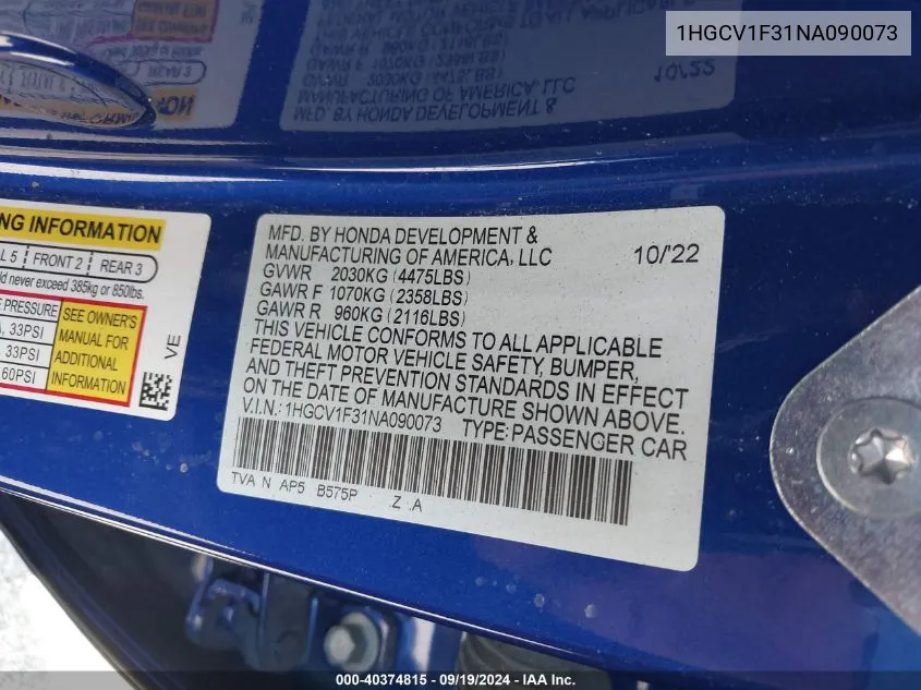 2022 Honda Accord Sport VIN: 1HGCV1F31NA090073 Lot: 40374815