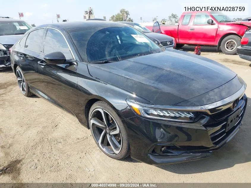 2022 Honda Accord Sport Special Edition VIN: 1HGCV1F4XNA028759 Lot: 40374998