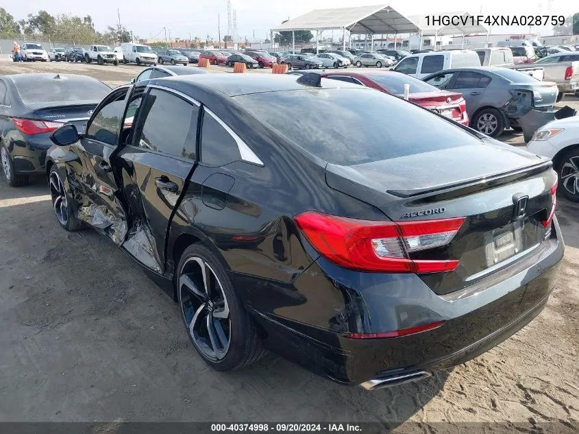 2022 Honda Accord Sport Special Edition VIN: 1HGCV1F4XNA028759 Lot: 40374998