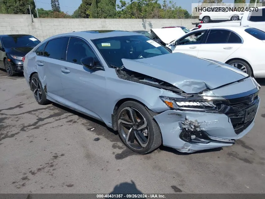 2022 Honda Accord Sport 2.0T VIN: 1HGCV2F30NA024670 Lot: 40431357