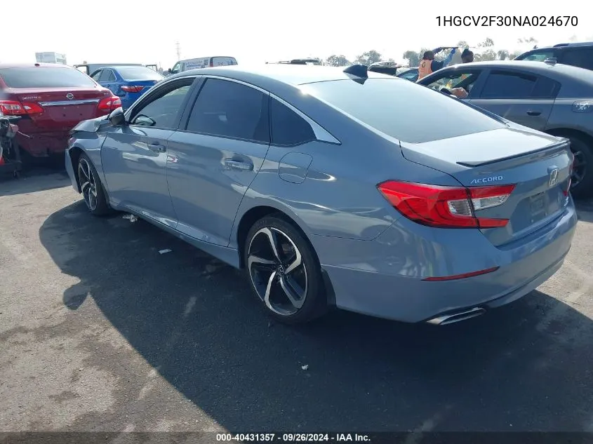 2022 Honda Accord Sport 2.0T VIN: 1HGCV2F30NA024670 Lot: 40431357