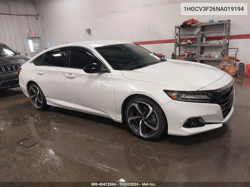 2022 Honda Accord Hybrid Sport VIN: 1HGCV3F26NA019194 Lot: 40472584