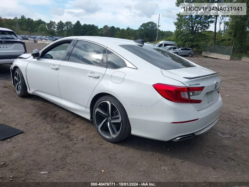 2022 Honda Accord Sport VIN: 1HGCV1F34NA031941 Lot: 40476771