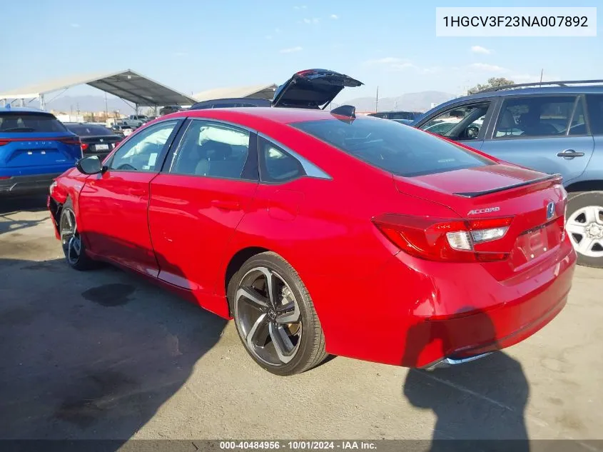 2022 Honda Accord Hybrid Sport VIN: 1HGCV3F23NA007892 Lot: 40484956