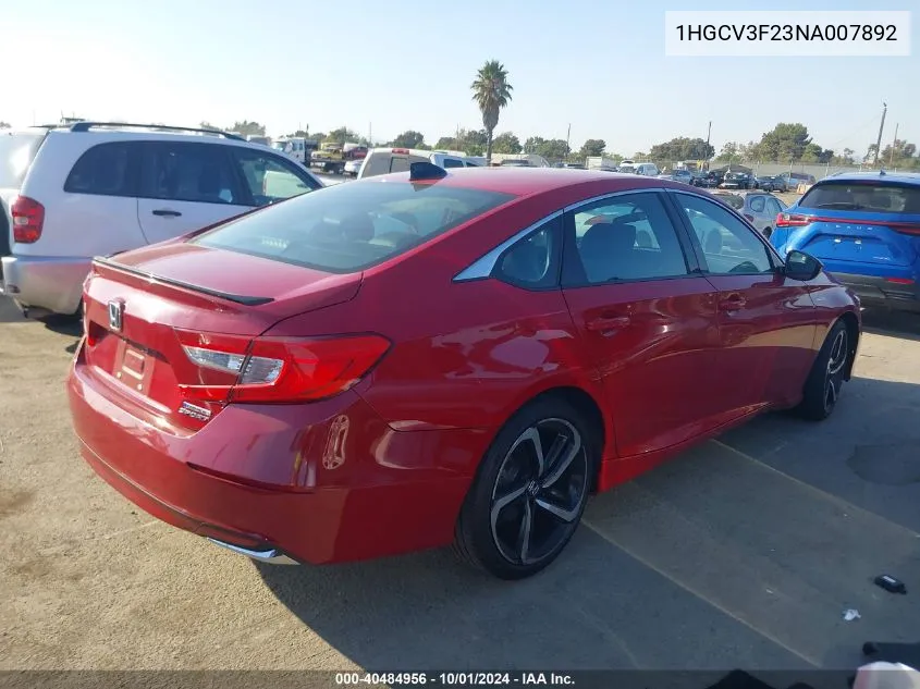 2022 Honda Accord Hybrid Sport VIN: 1HGCV3F23NA007892 Lot: 40484956