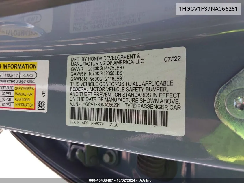 2022 Honda Accord Sport VIN: 1HGCV1F39NA066281 Lot: 40488467