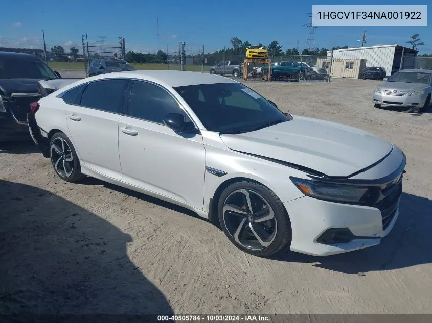 2022 Honda Accord Sport VIN: 1HGCV1F34NA001922 Lot: 40505784