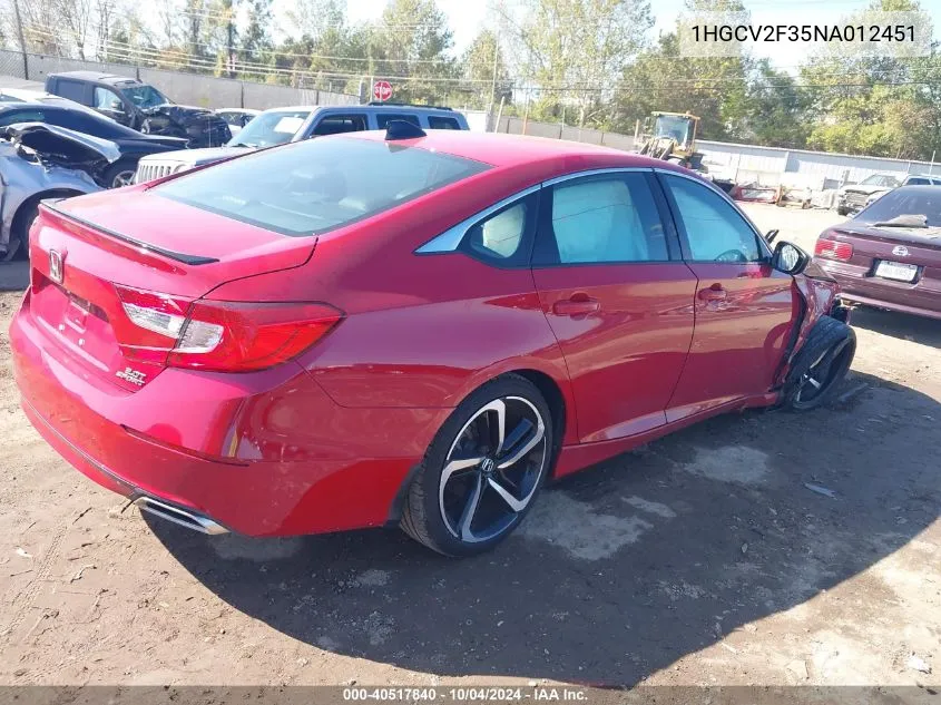 2022 Honda Accord Sport 2.0T VIN: 1HGCV2F35NA012451 Lot: 40517840