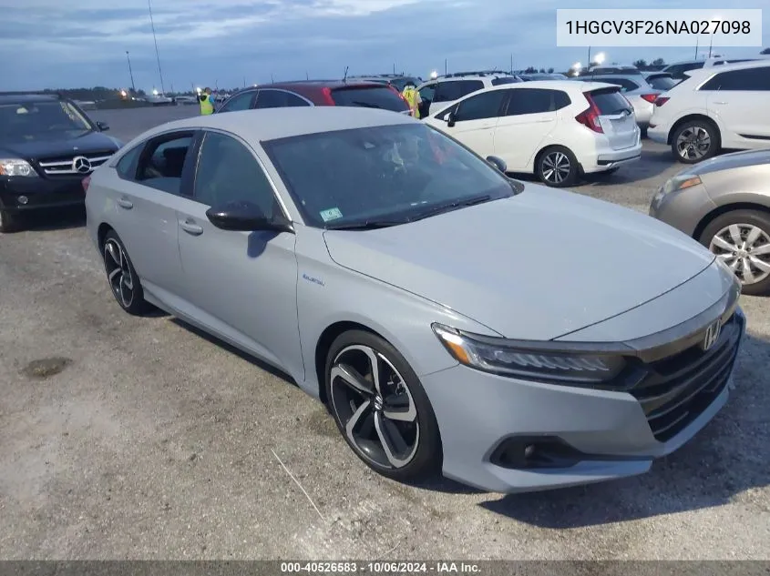 2022 Honda Accord Hybrid Sport VIN: 1HGCV3F26NA027098 Lot: 40526583