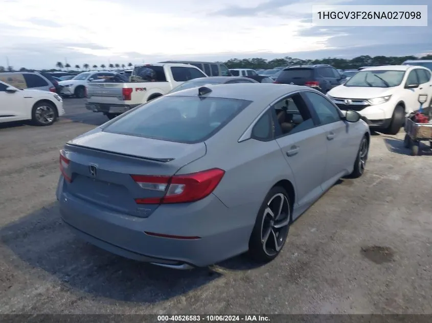 2022 Honda Accord Hybrid Sport VIN: 1HGCV3F26NA027098 Lot: 40526583