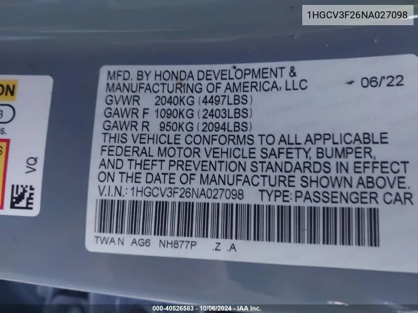 2022 Honda Accord Hybrid Sport VIN: 1HGCV3F26NA027098 Lot: 40526583