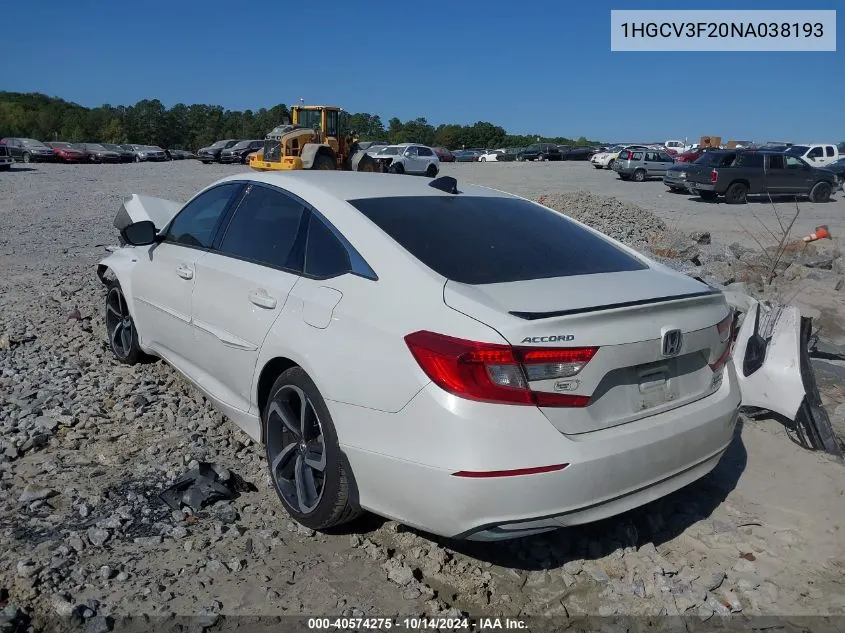 2022 Honda Accord Hybrid Sport VIN: 1HGCV3F20NA038193 Lot: 40574275