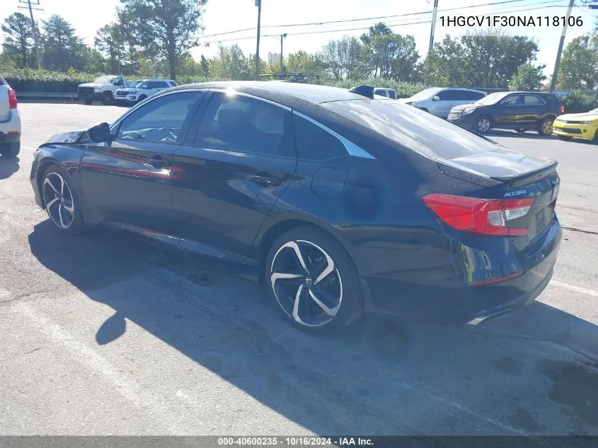 2022 Honda Accord Sport VIN: 1HGCV1F30NA118106 Lot: 40600235