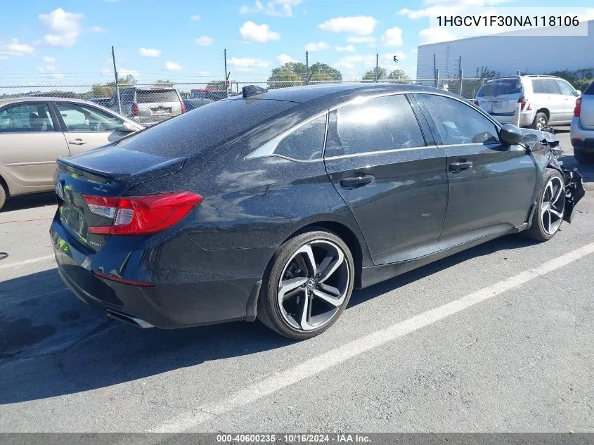 2022 Honda Accord Sport VIN: 1HGCV1F30NA118106 Lot: 40600235