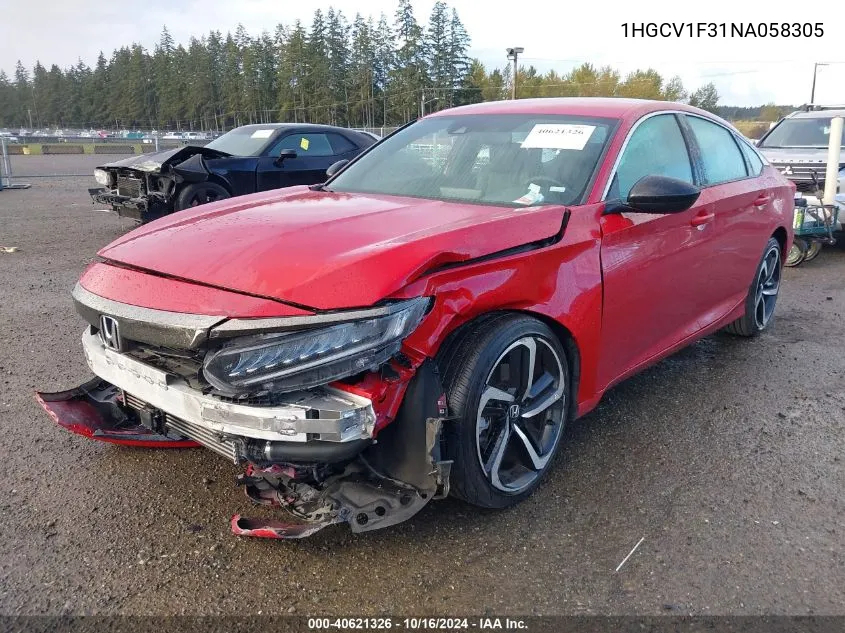 2022 Honda Accord Sport VIN: 1HGCV1F31NA058305 Lot: 40621326