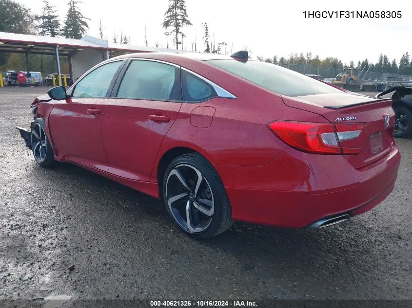 2022 Honda Accord Sport VIN: 1HGCV1F31NA058305 Lot: 40621326